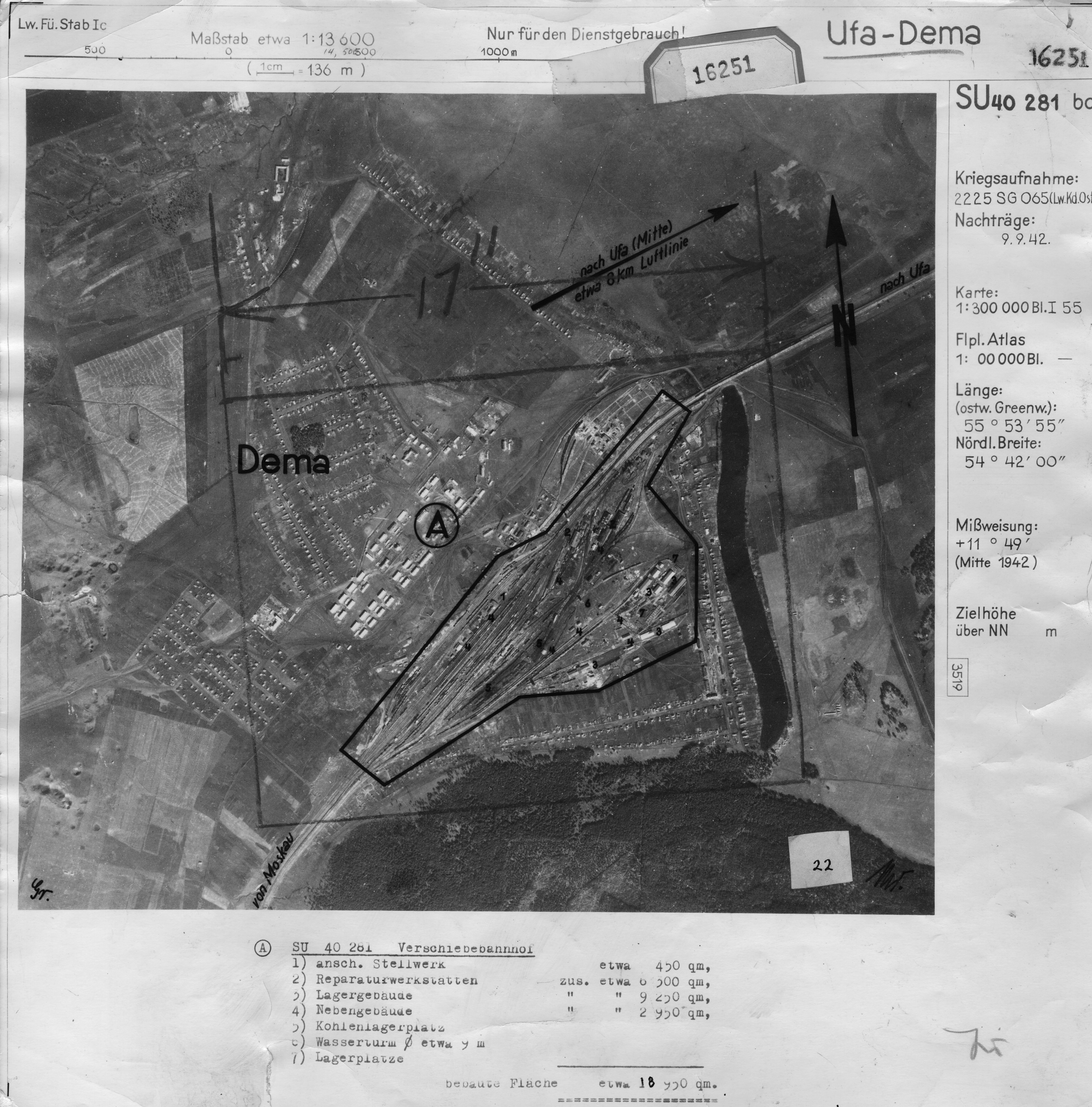 Один из аэрофотоснимков немецкого самолета-разведчика от 9 сентября 1942 г. (район ж/д станции Дема – цель № 40 281.)