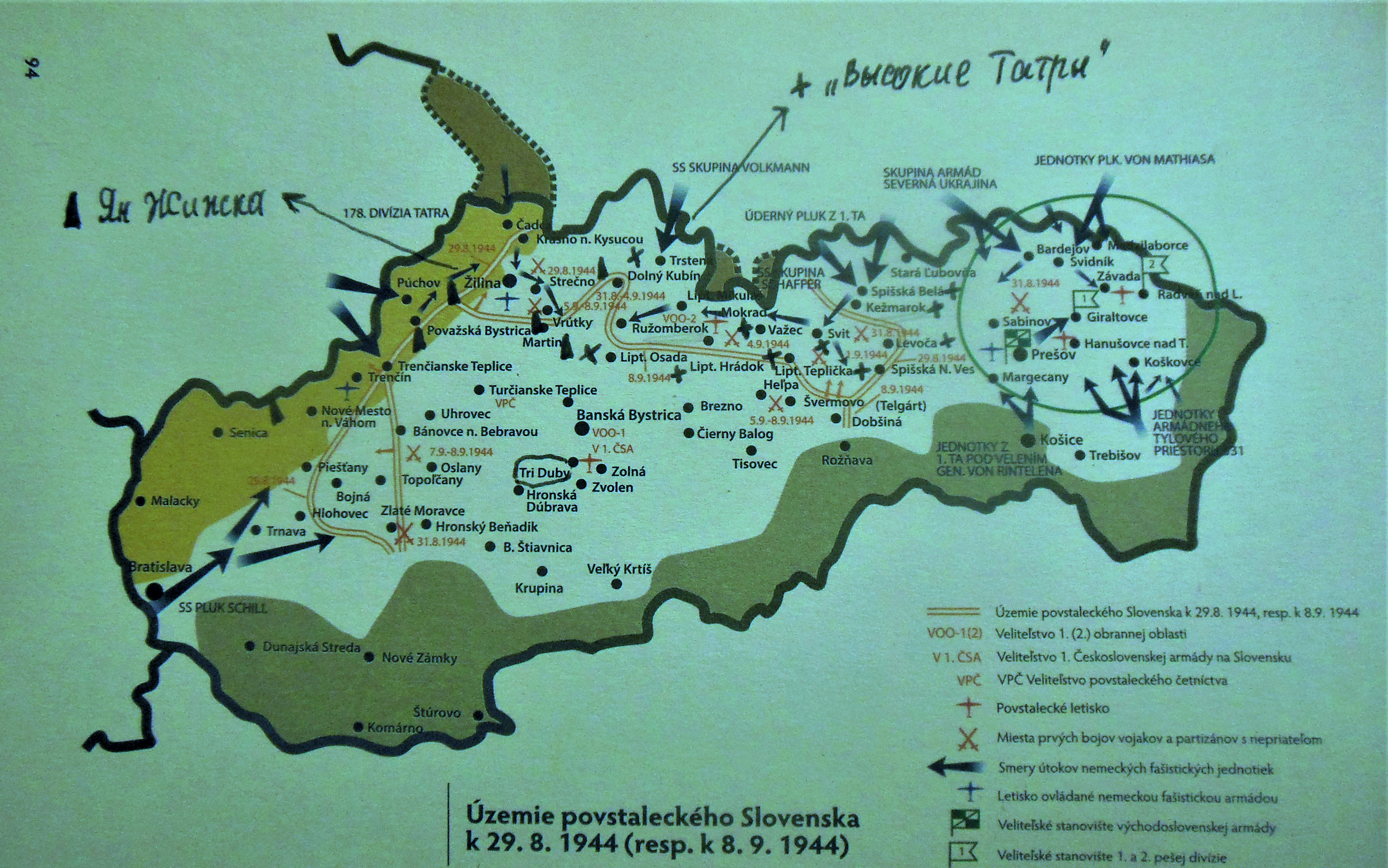Словакия восстаниеһында һуғышҡан «Бейек Татрҙар»  һәм Ян Жижка отряды күрһәтелгән карта